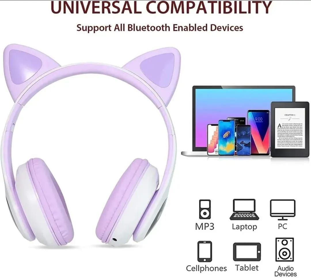 Cat Ear Wireless Bluetooth Headphones with RGB LED Lights & Built-in Mic – Stereo Bass Soun