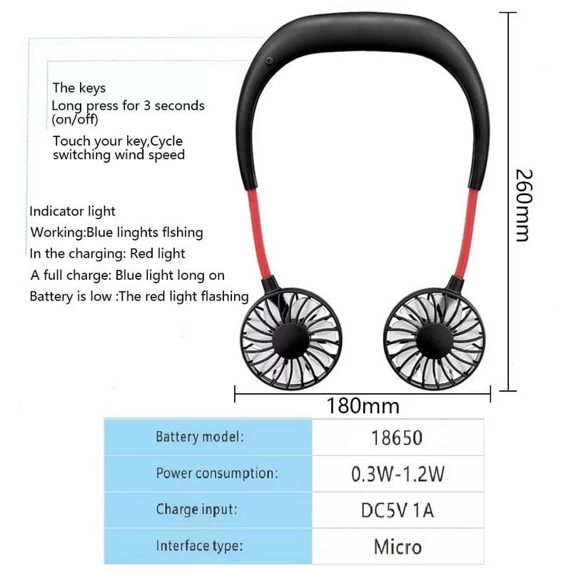 Portable Neck Fan - 360 Degree Free Rotation Hands Free Personal