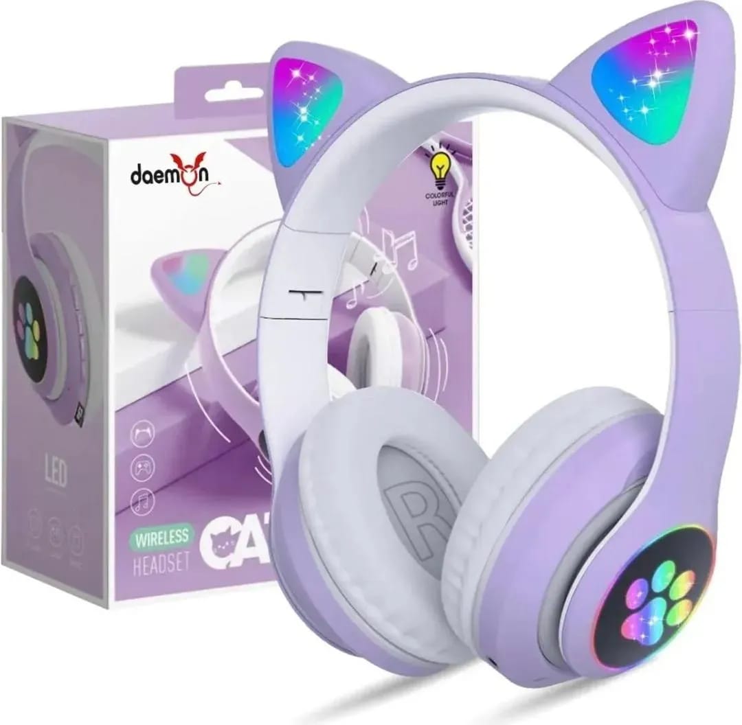 Cat Ear Wireless Bluetooth Headphones with RGB LED Lights & Built-in Mic – Stereo Bass Soun